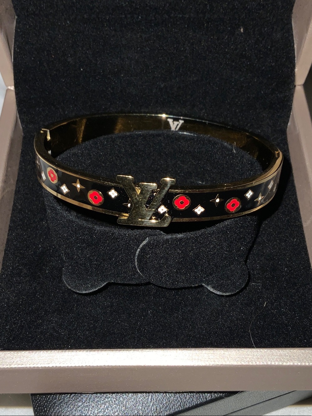 Louis Vuitton Gold Black Bangle with Red Monogram Motifs